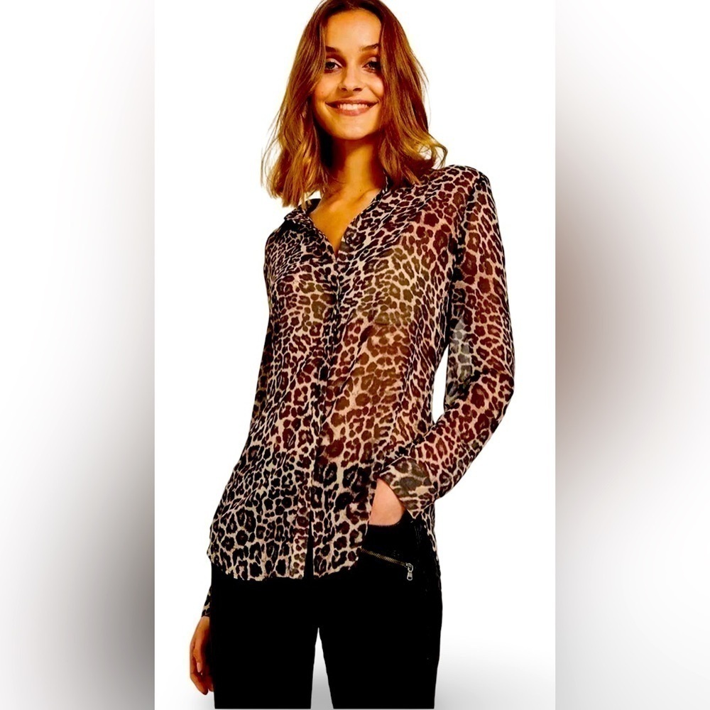 PLEIONE🍒SZ M🍒ANIMAL PRINT BUTTON FRONT BLOUSE SEMI SHEER EXCELLENT CONDITION - Picture 3 of 15